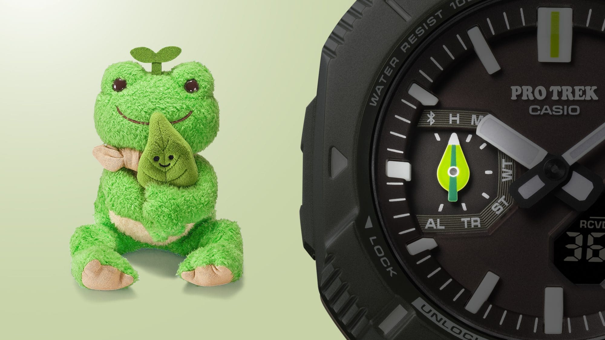 かえるのピクルス®のぬいぐるみが持つ葉っぱをイメージした時計小針写真