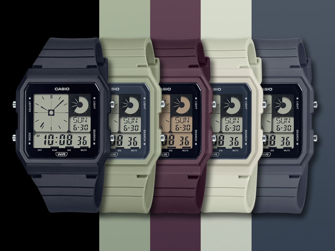 De vijf kleurvarianten van het Casio LF-20W digitale horloge in zwart, lichtgroen, wijnrood, beige en donkergrijs naast elkaar