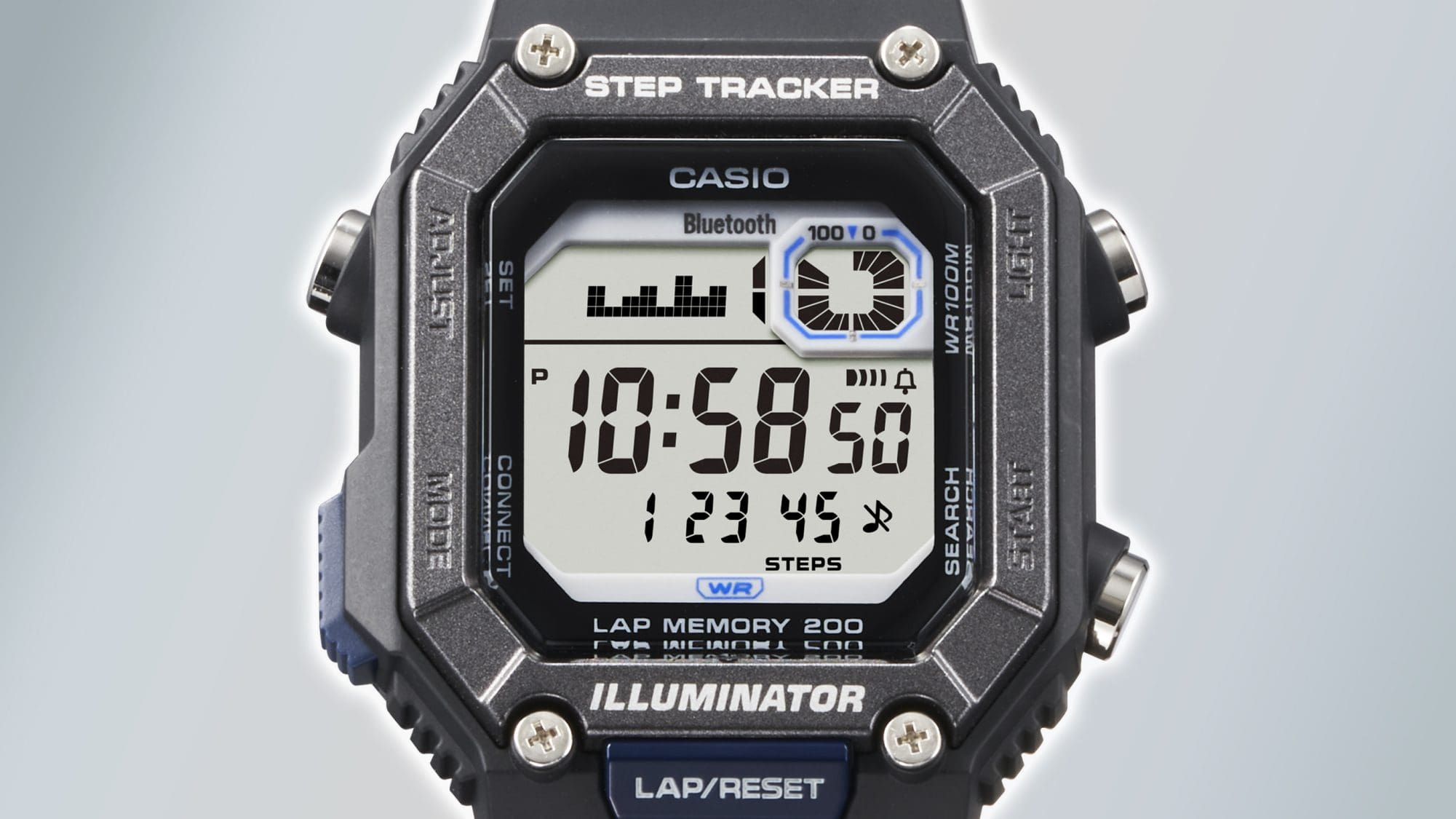 Het display van het digitale WS-B1000-1AV fitnesshorloge van Casio met grote cijfers, stappenteller, Bluetooth® en stopwatch 