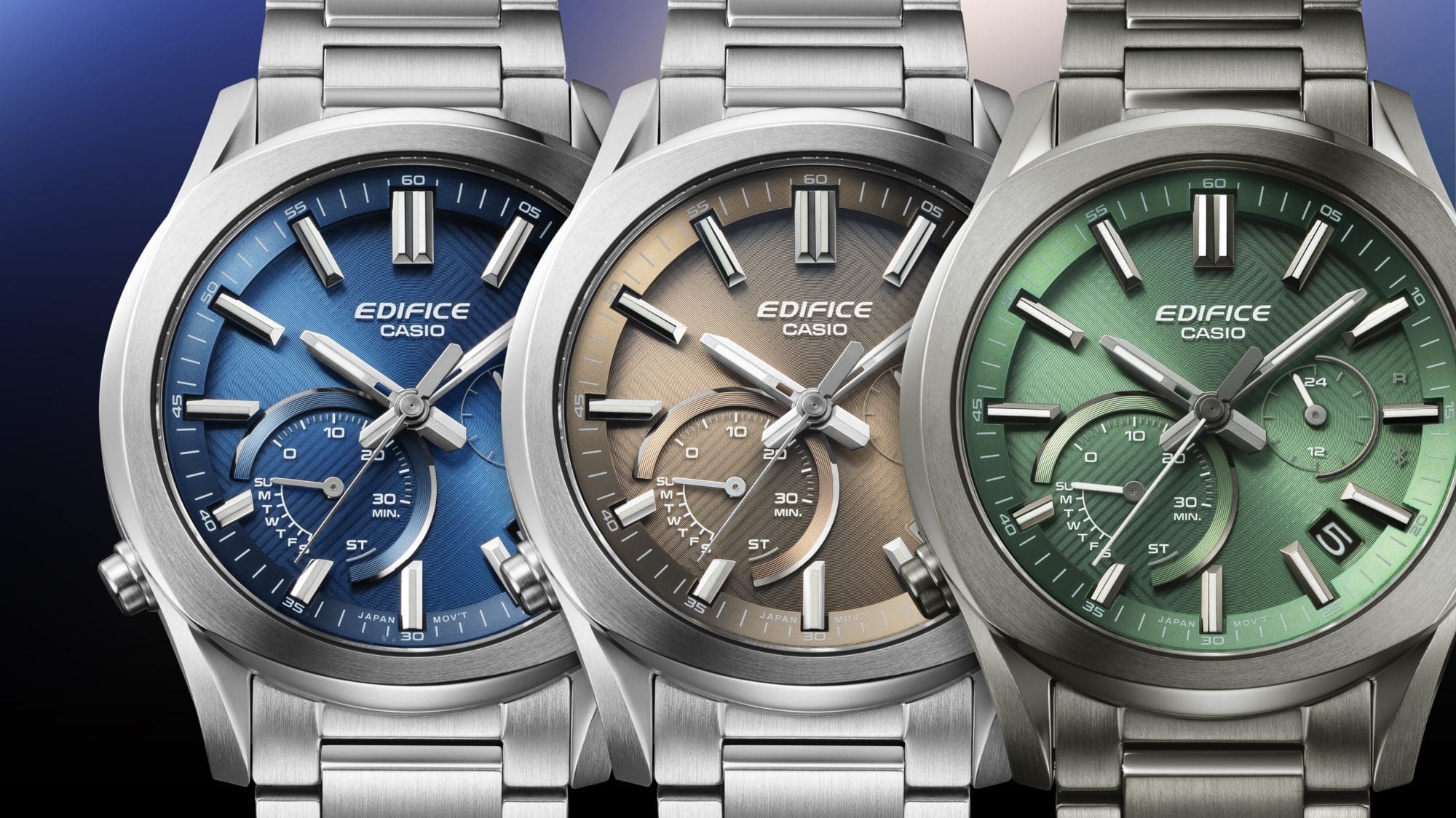 Horloges in blauw, bruin en groen, geïnspireerd op de buitenkant van luxe auto's