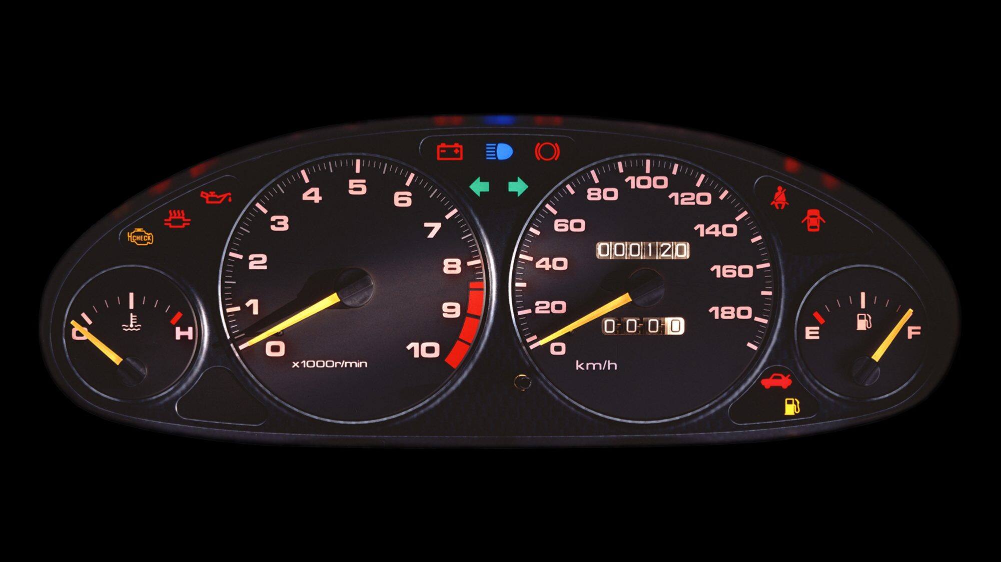Dashboard met verschillende ronde instrumenten en oplichtende controlelampjes.