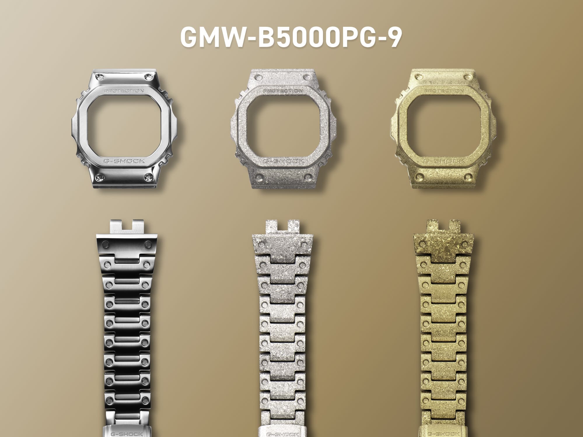 De roestvrijstalen lunette en de roestvrijstalen armband van het GMW-B5000PG-9 digitale horloge in drie productiefasen: van de gladde, zilverkleurige beginvorm tot de fonkelende zilverkleurige, geherkristalliseerde tussenfase tot de afgewerkte versie met goudion-plating. 