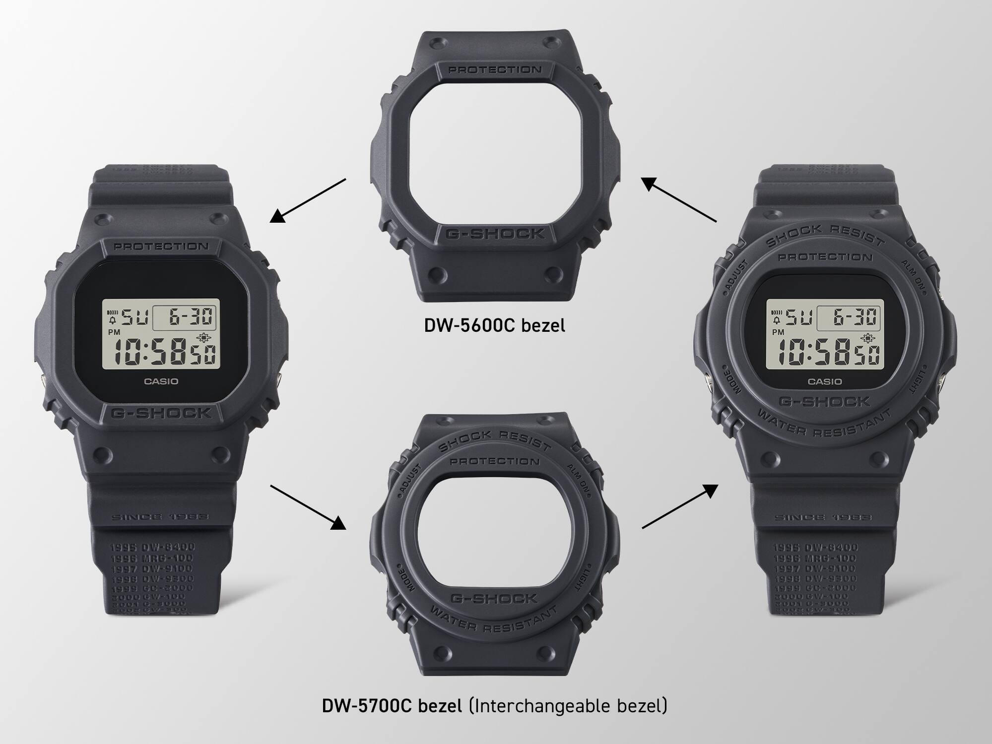 De twee wijzerplaten van het DWE-5657RE-1 polshorloge: dankzij de verwisselbare bezels in de stijl van de DW-5600C of de DW-5700C