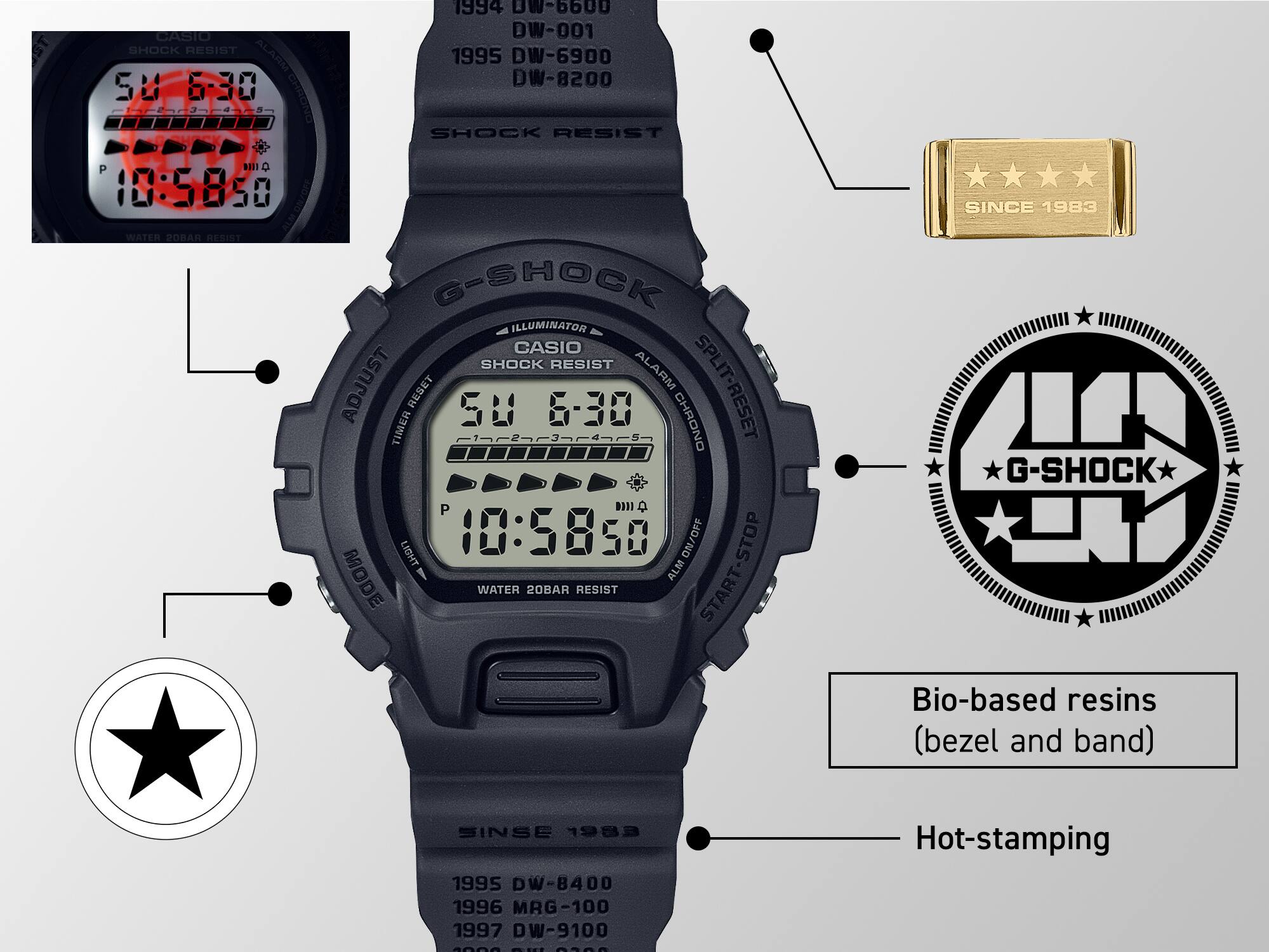 Het zwarte DW-6640RE-1 jubileumhorloge omringd door kenmerkende iconen zoals het 40ste G-Shock jubileumlogo en de goudkleurige bandgesp met vier gegraveerde sterren