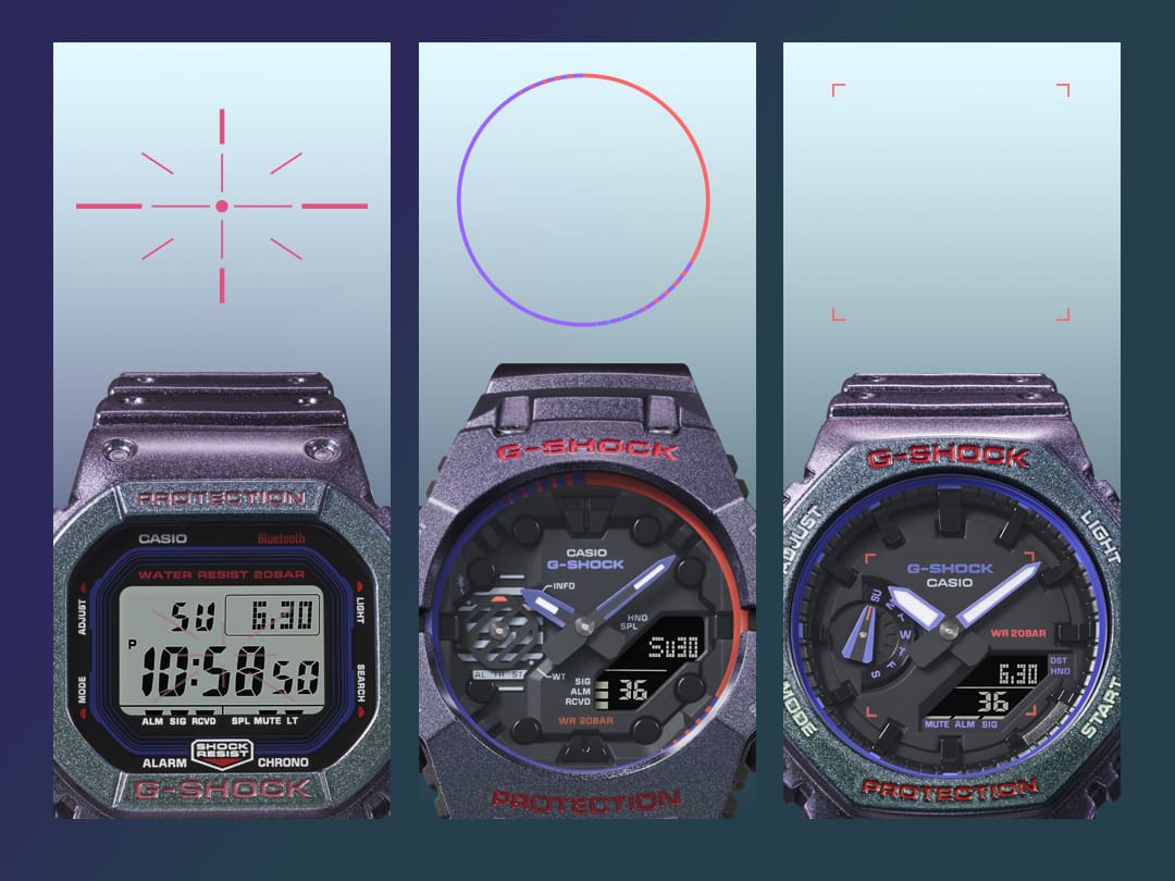 Het digitale polshorloge DW-B5600AH-6 naast de twee digitaal-analoge hybride modellen GA-B001AH-6A en GA-2100AH-6A