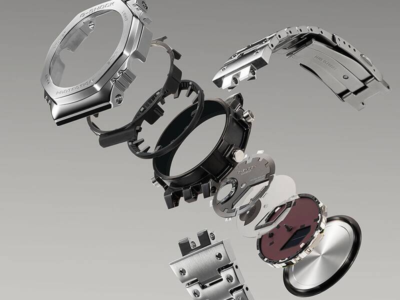 De individuele onderdelen van het Casio G-Shock GM-B2100D-1A roestvrij stalen horloge