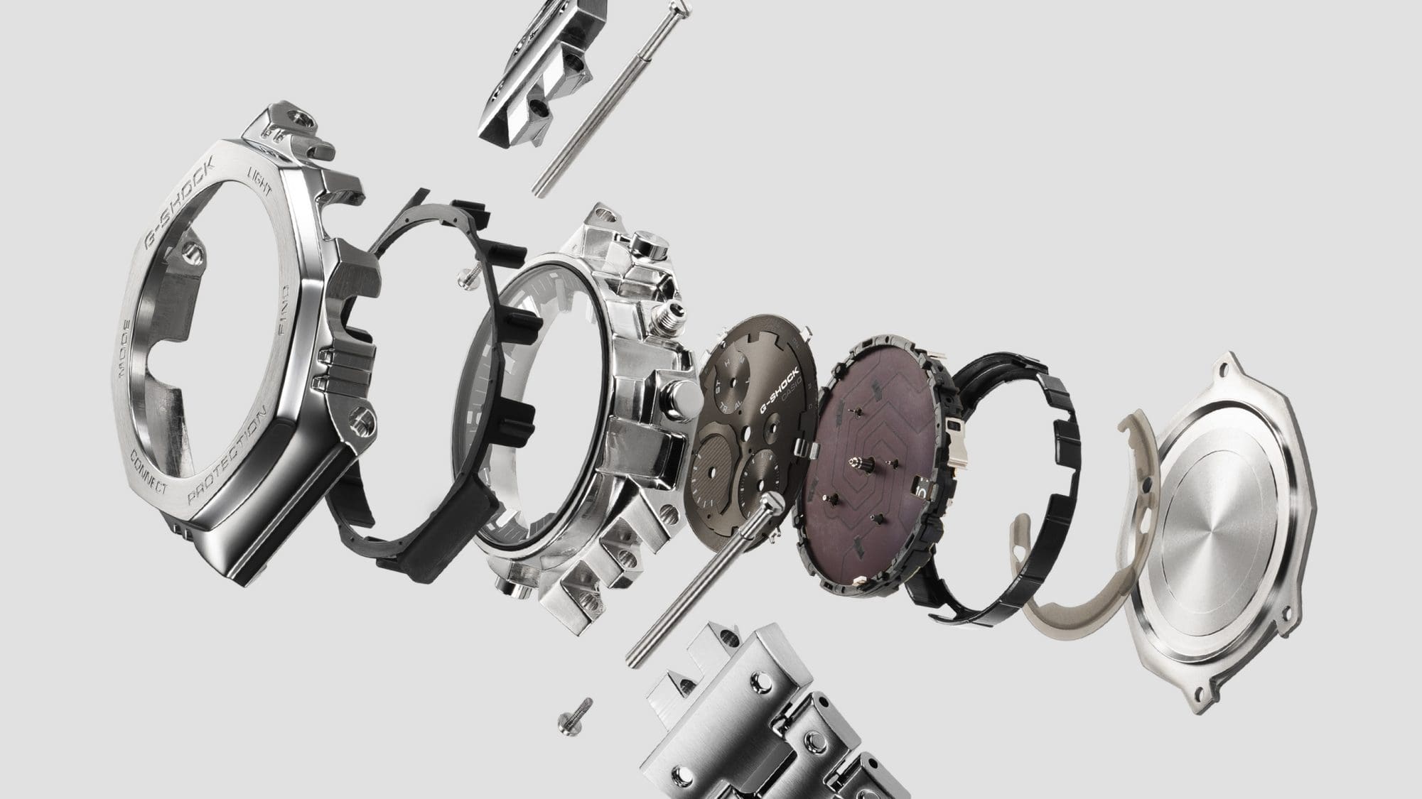 De individuele componenten van een Casio G-Shock GMC-B2100 chronograaf