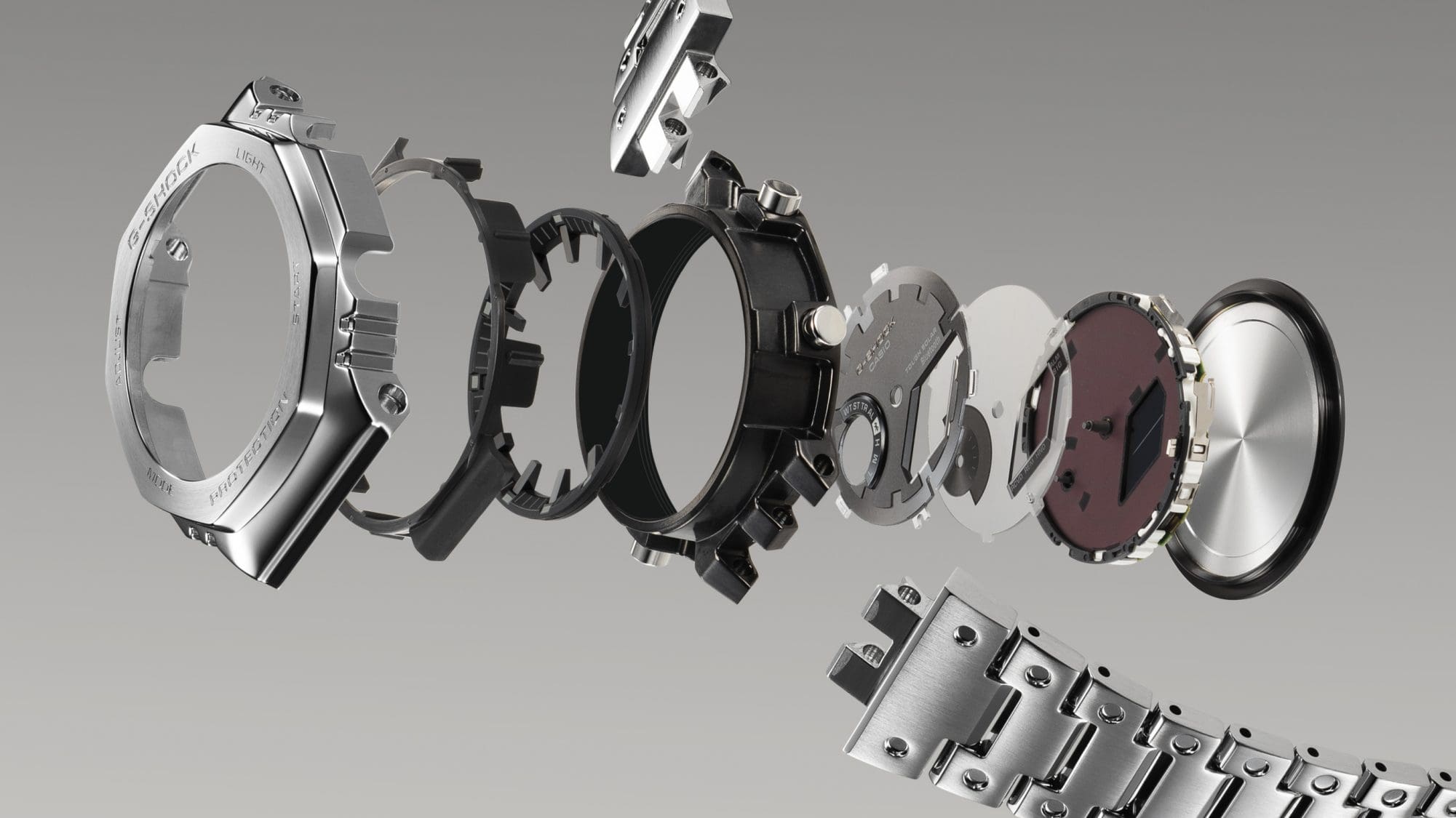 De individuele componenten van een Casio G-Shock GMW-B5000D polshorloge