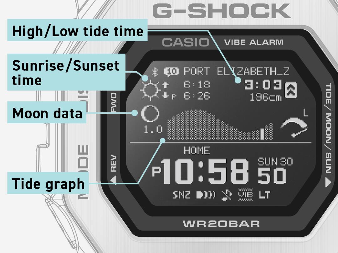 Het display van een Casio GBX-100 surfhorloge met gemarkeerde aanduidingen van hoog- en laagwater, zonsopgang en zonsondergang en een getijdenkaart.