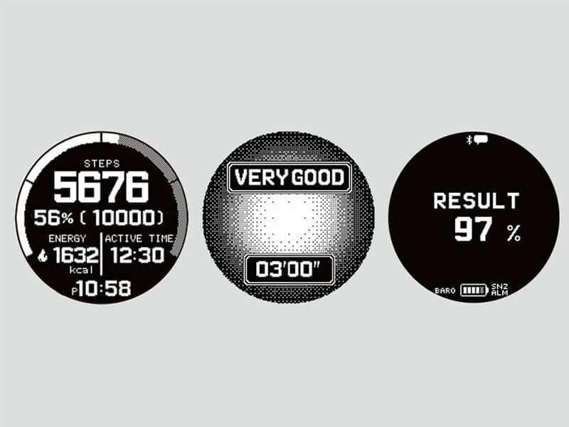 Drie displays: 1. stappenteller, 2. “Zeer goed” display, 3. resultaat 97 %