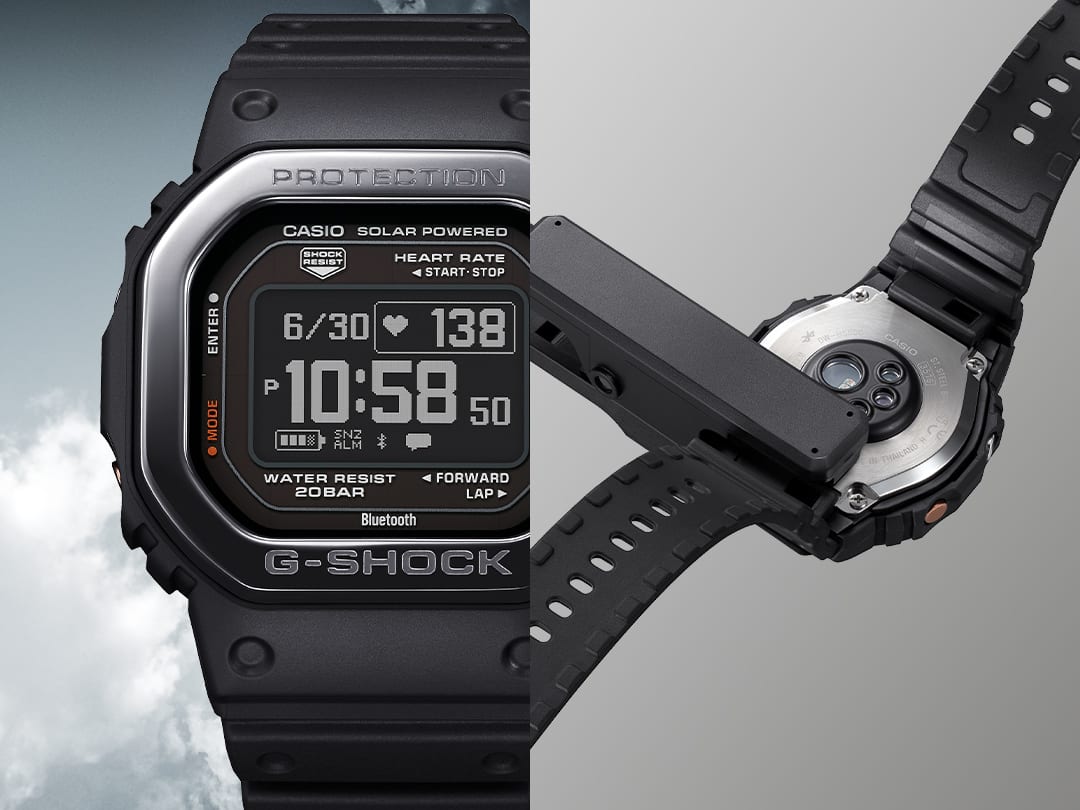 Links: Het zwarte Casio G-Squad DW-H5600MB-1 sporthorloge voor een licht bewolkte lucht, rechts: Zicht op de achterkant van het horloge terwijl het via USB wordt opgeladen