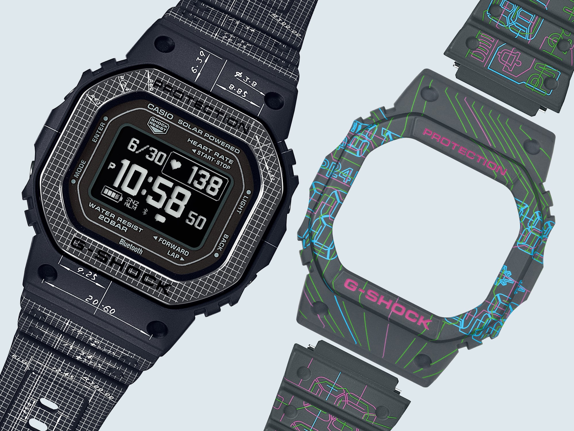 De Casio G-Squad DW-H5600EX in het standaard ontwerp met technische tekeningen van de eerste G-Shock, daarnaast de gekleurde lunette en de gekleurde armband met schakelschema ontwerp van de DW-5600 printplaat om te verwisselen.