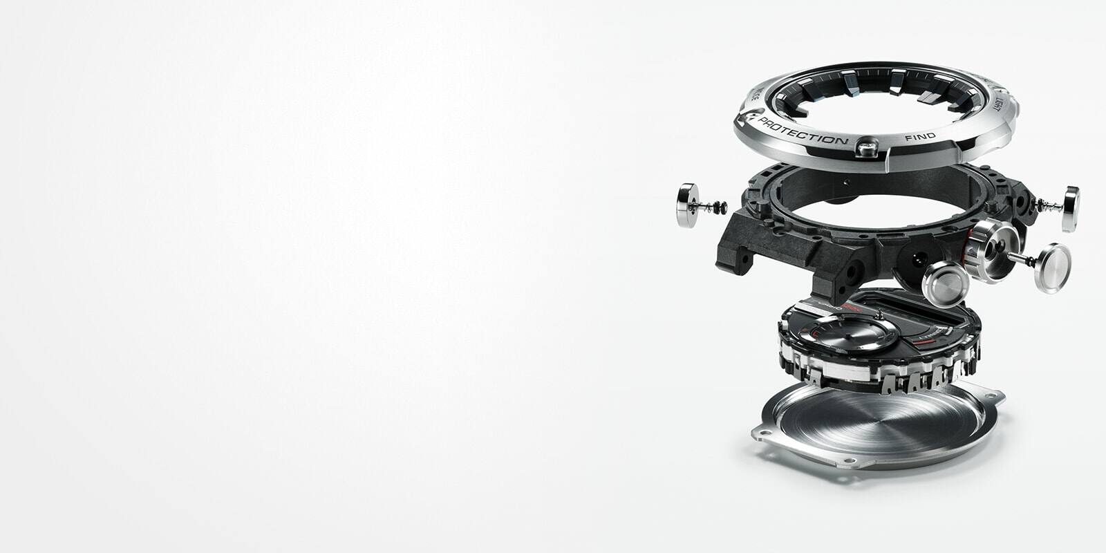 Kastonderdelen van het Casio G-Steel GST-B200 polshorloge boven elkaar afgebeeld