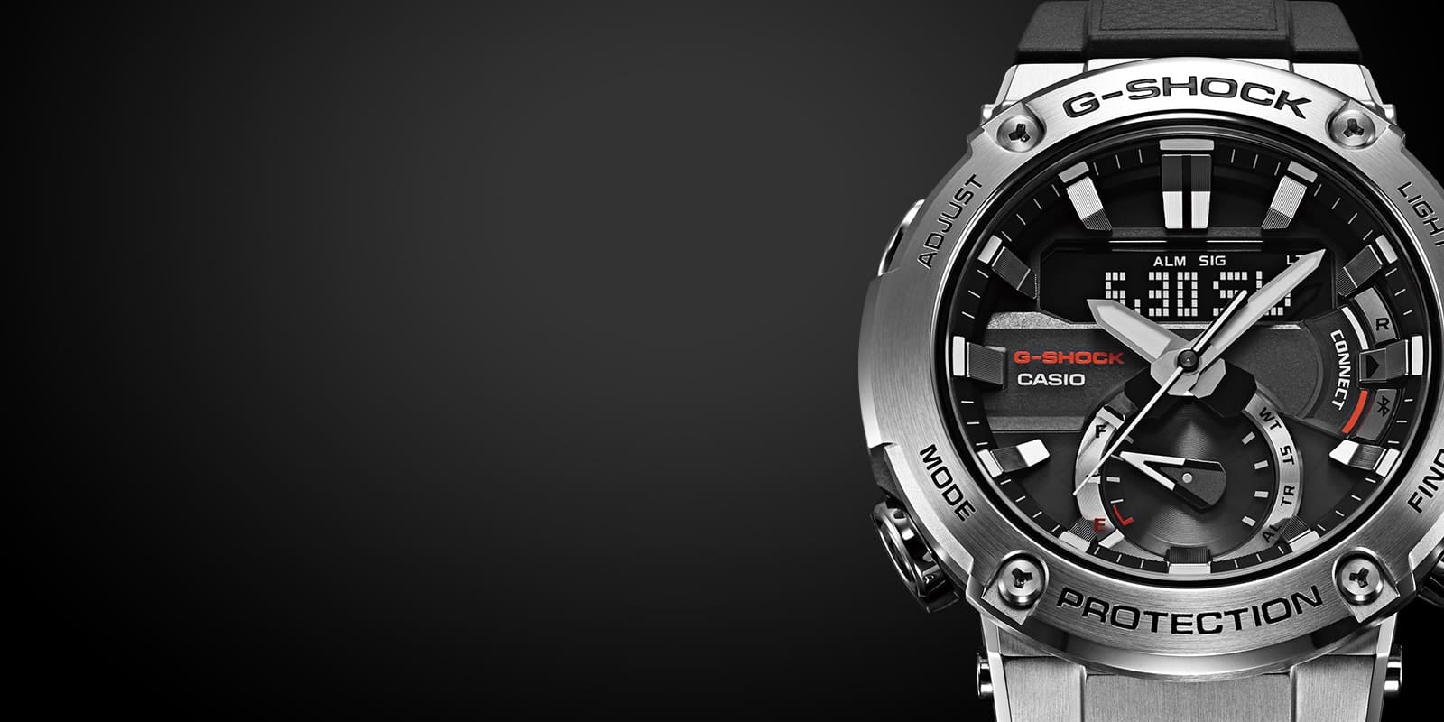 Een Casio G-Steel GST-B200 polshorloge met een zilverkleurige roestvrijstalen kast en zwarte wijzerplaat.