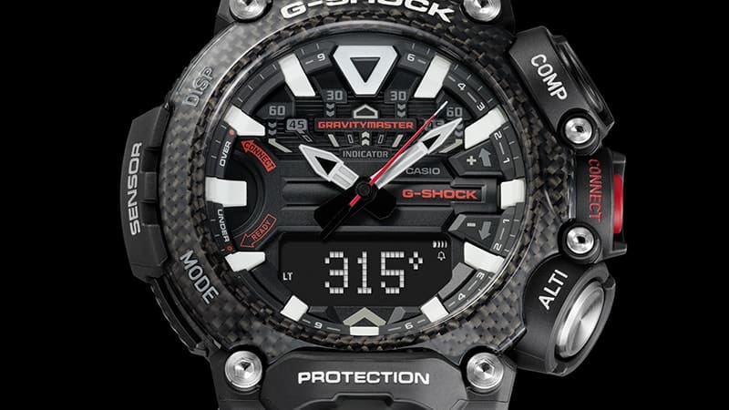 Het display van de Casio G-Shock GR-B200-1A toont het digitale kompas