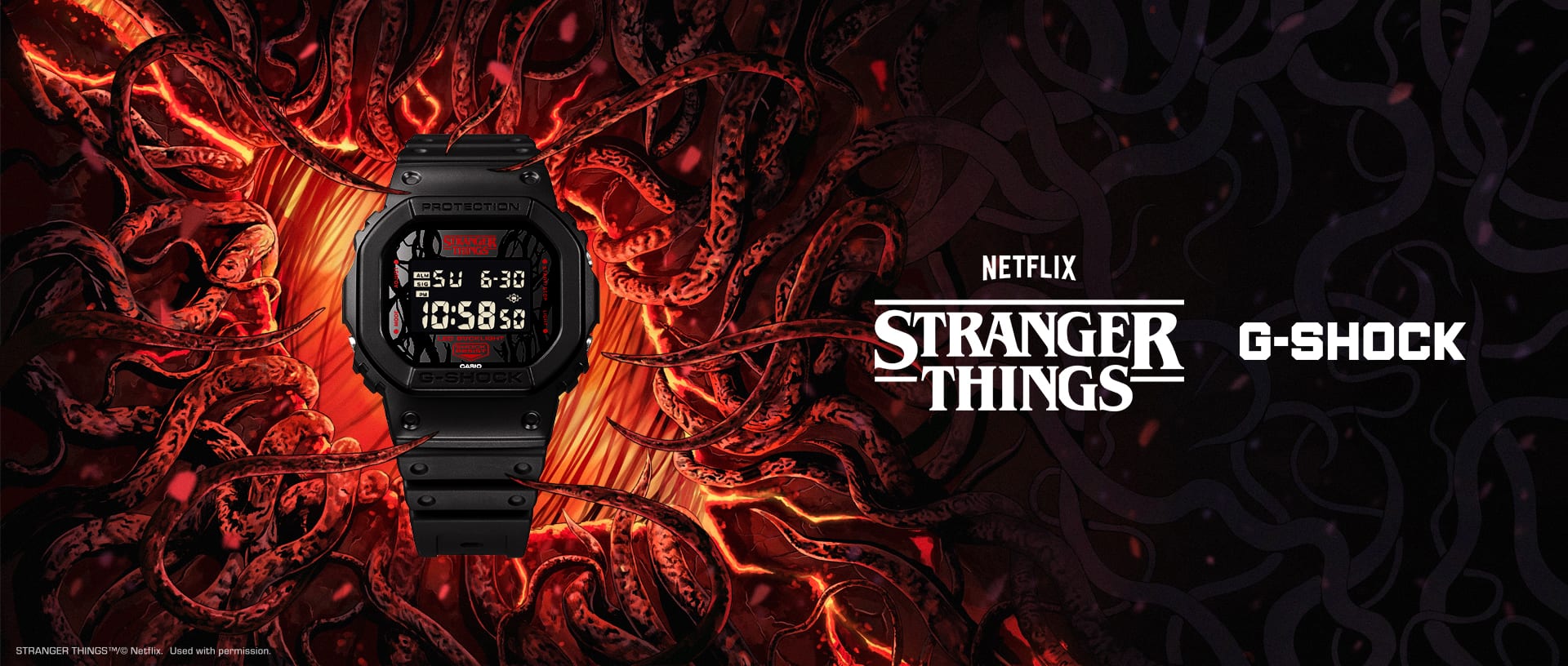 Het zwarte DW-5600STT-1A digitale polshorloge met een zwart analoog display van G-SHOCK in samenwerking met Stranger Things. De achtergrond is geïnspireerd op de look van Stranger Things in zwart en rood.