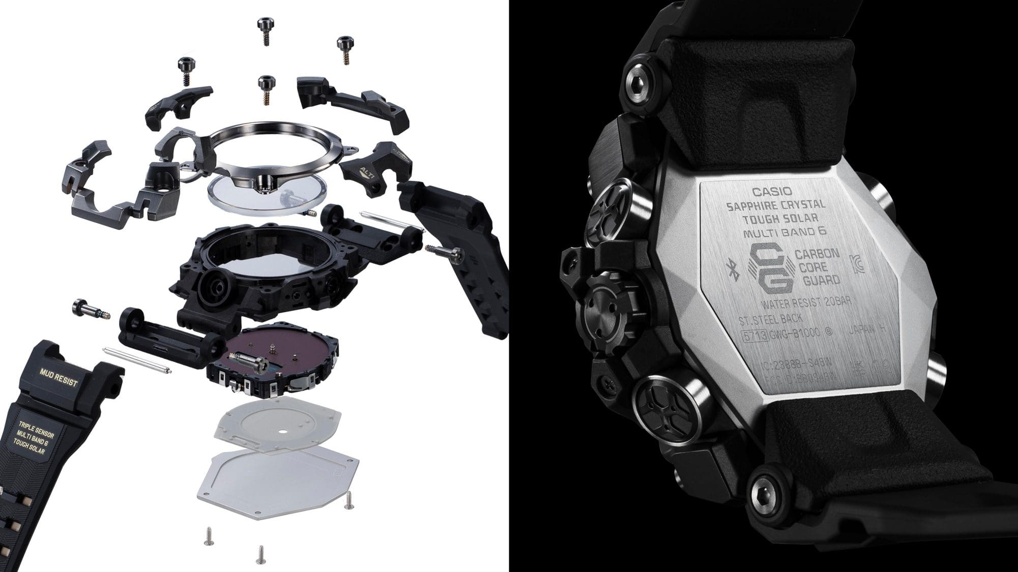 Links: De afzonderlijke componenten van het outdoor horloge GWG-B1000-1A worden afzonderlijk van elkaar getoond, rechts: De achterkant van de horlogekast