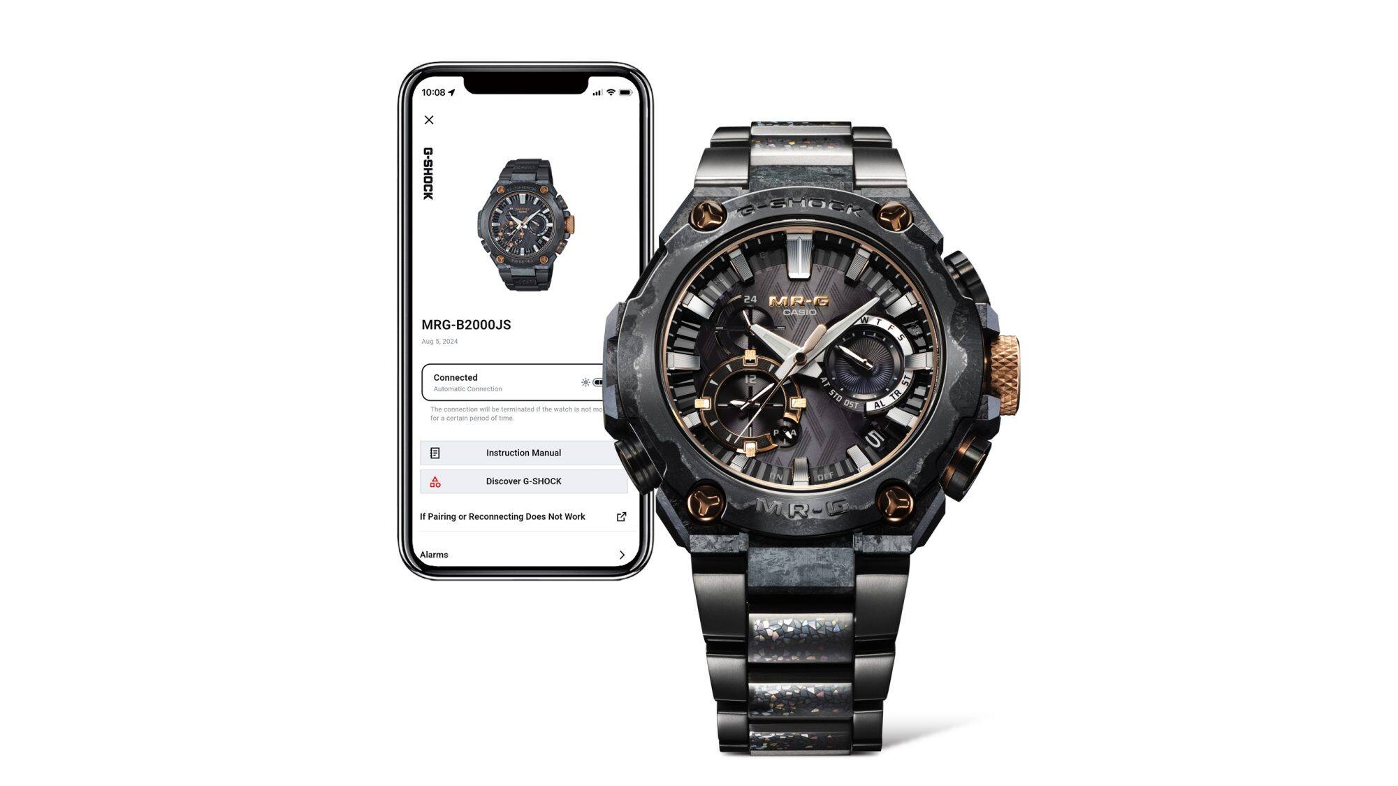Een smartphone met de Casio Watches-app op het scherm naast het G-Shock MRG-B2000JS horloge met Bluetooth® en radiografische besturing.