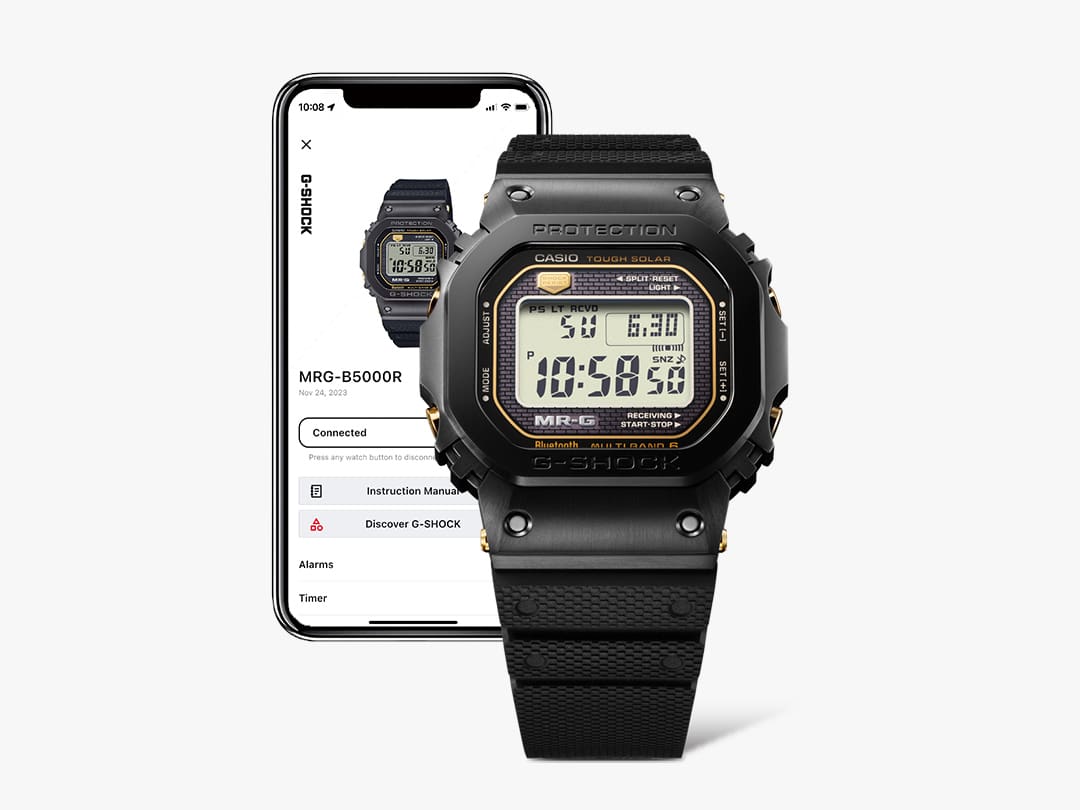 Het Casio G-Shock MRG-B5000R-1 Bluetooth® horloge voor een smartphone met aangesloten display en informatie over het horloge