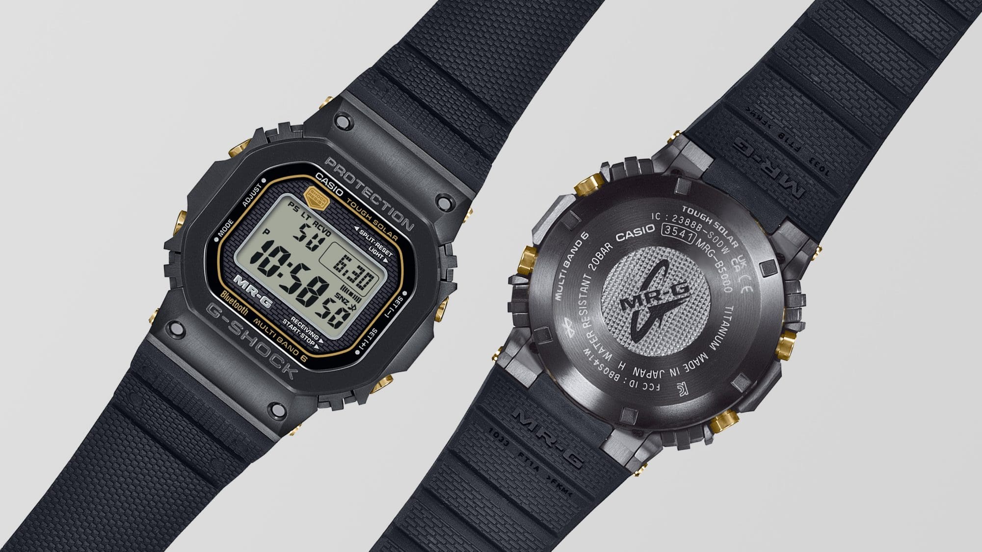 Het zwarte Casio G-Shock MRG-B5000R-1 polshorloge, eenmaal van voren en eenmaal van achteren