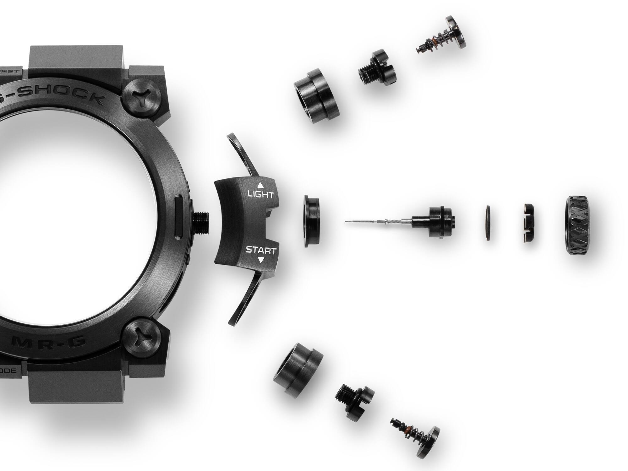Individuele onderdelen van de Clad-Guard constructie van het MRG-BF1000R duikhorloge