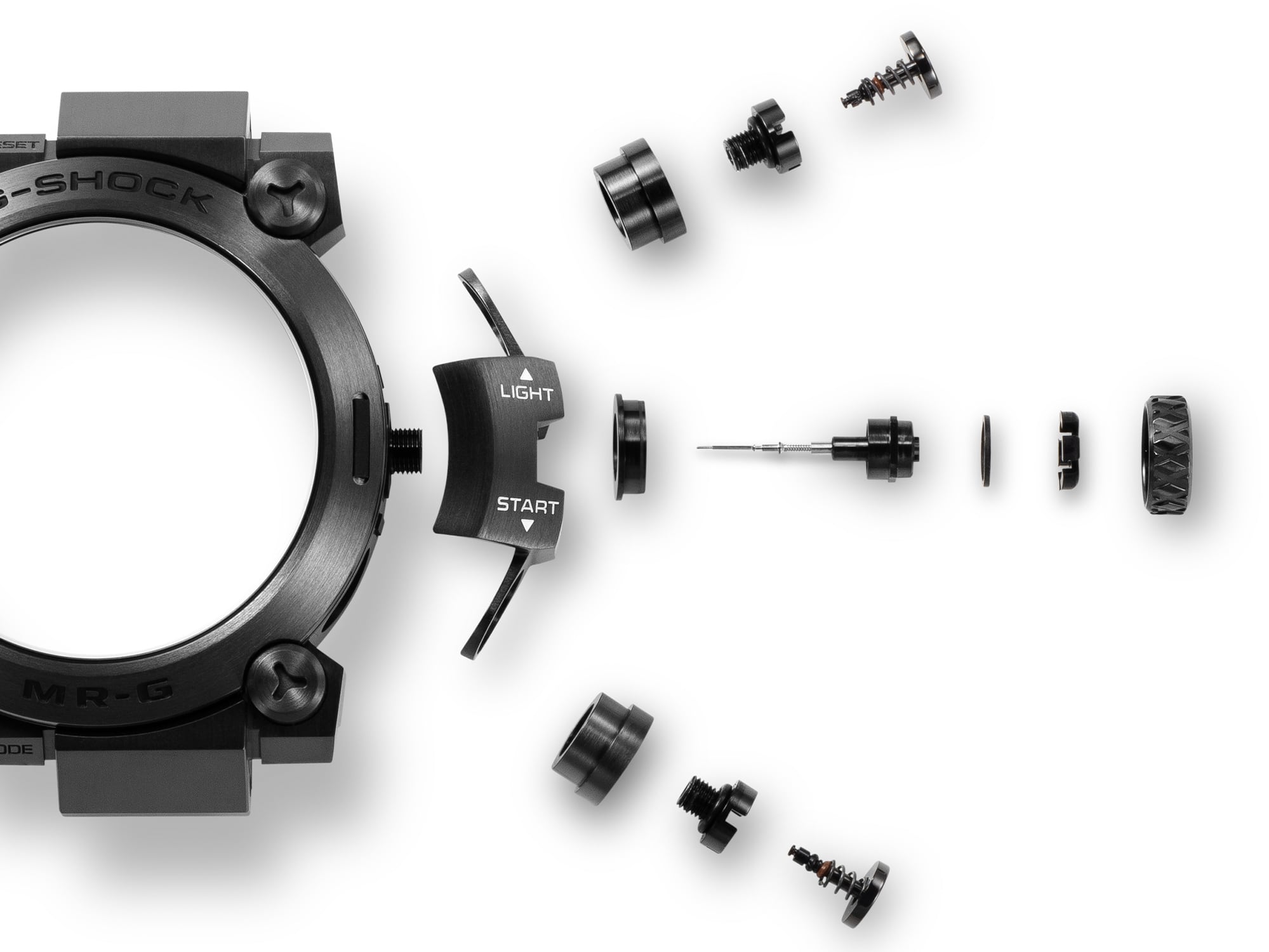 Individuele onderdelen van de Clad-Guard constructie van het MRG-BF1000R duikhorloge