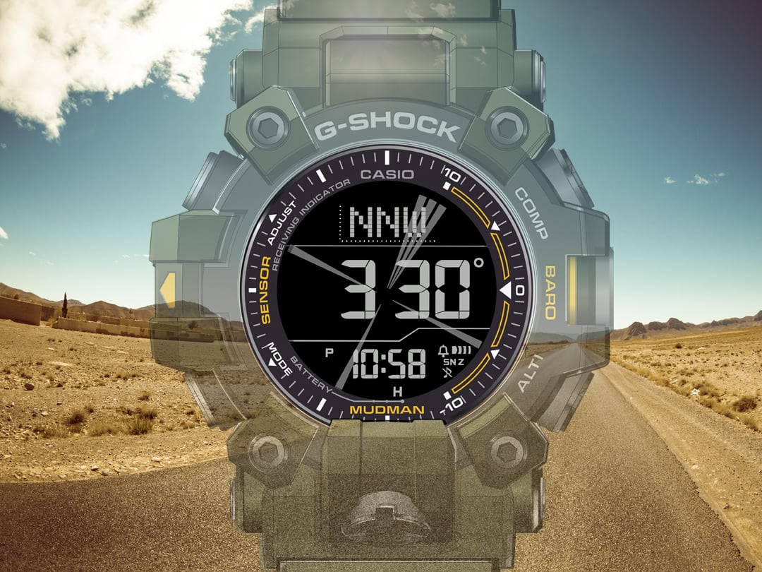 Het display van een GW-9500-3 polshorloge met kompasweergave