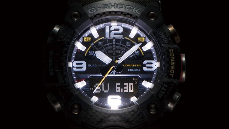 De verlichte wijzerplaat van een GG-B100 radiogestuurd horloge
