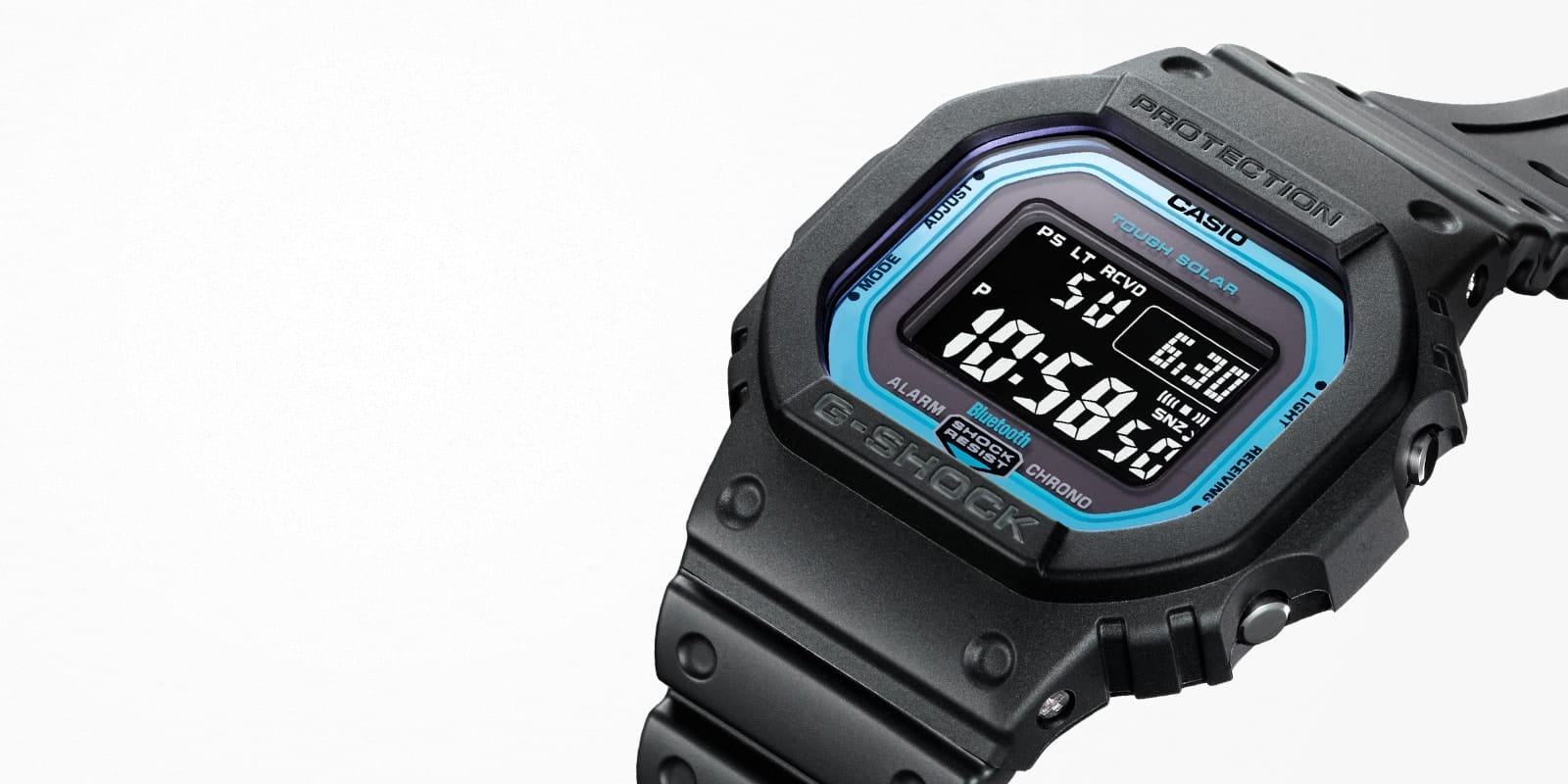 Het zwarte Casio G-Shock GW-B5600-2 polshorloge met blauwe displayring