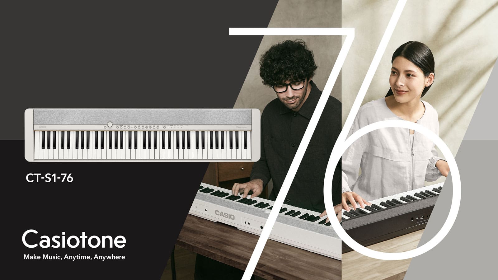 Beeldcollage van verschillende grijze elementen en een in het zwart geklede man die piano speelt op een witte Casiotone CT-S1-76 en een in het wit geklede vrouw die piano speelt op een zwarte Casiotone CT-S1-76. De afbeelding wordt aangevuld met de tekst “CT-S1-76 - Casiotone - Make Music, Anytime, Anywhere”.