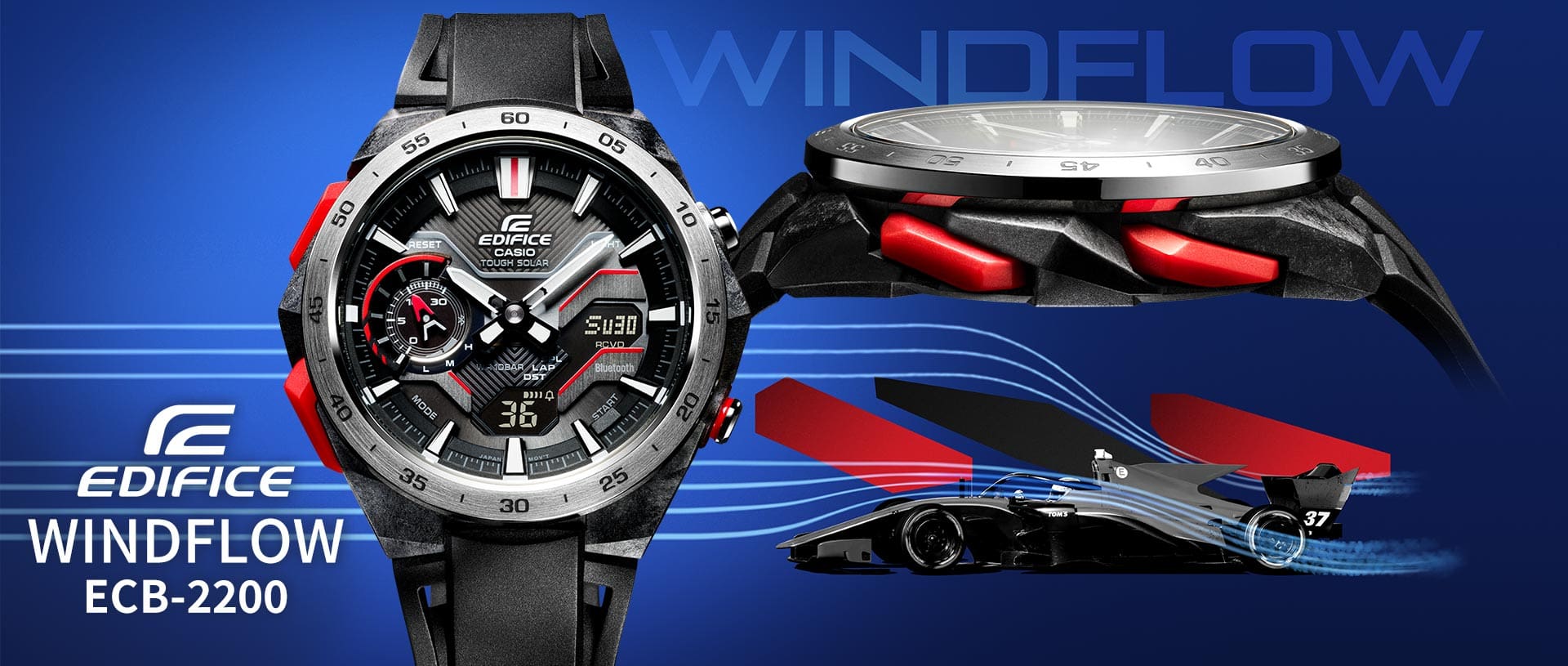 De ECB-2200 chronograaf met een zwarte band, een zwarte wijzerplaat met rode accenten en een zilveren kast. Daarnaast zie je een zijaanzicht van het horloge boven het silhouet van een raceauto tegen een blauwe achtergrond.