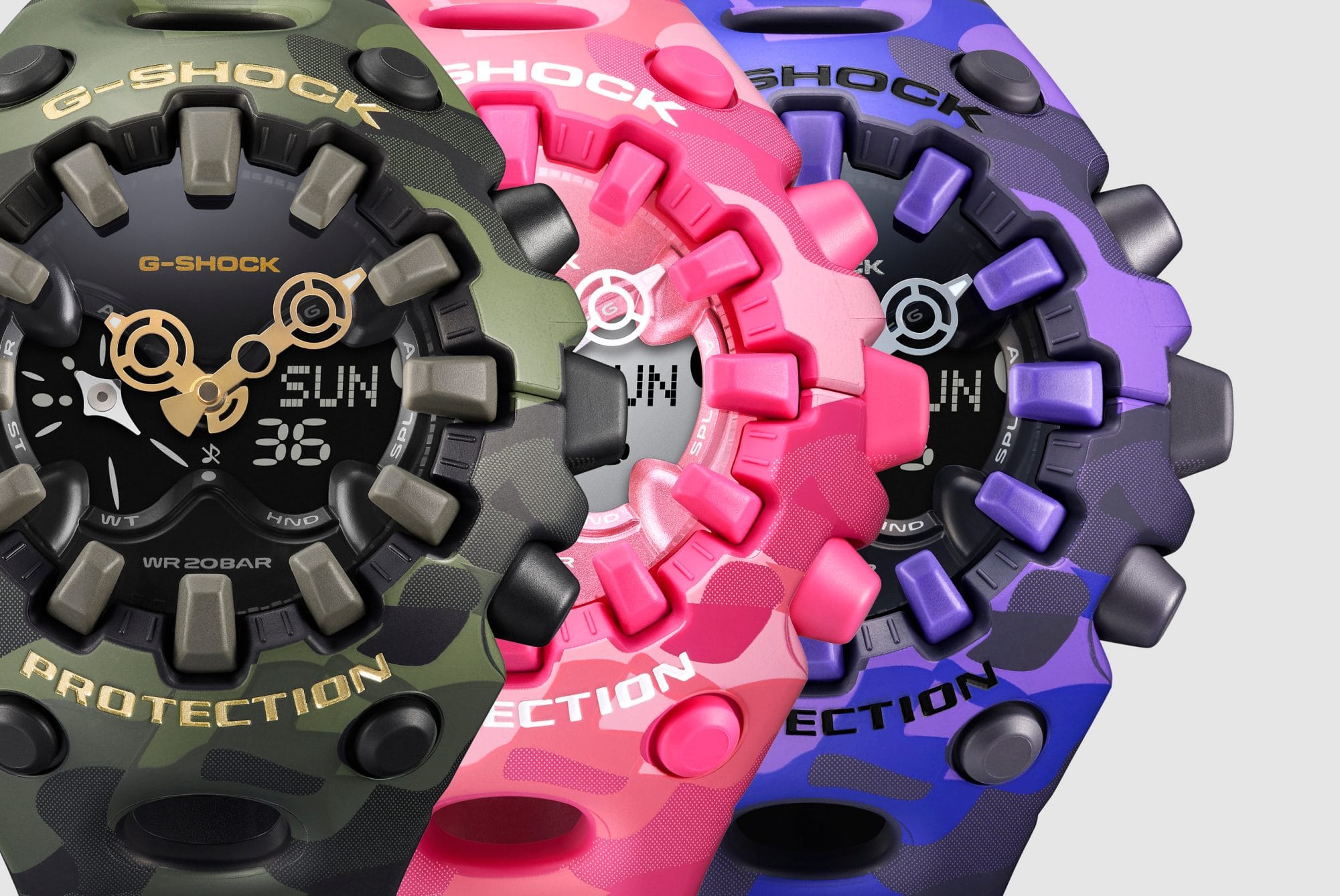 Três variações de cores: verde, rosa e roxo