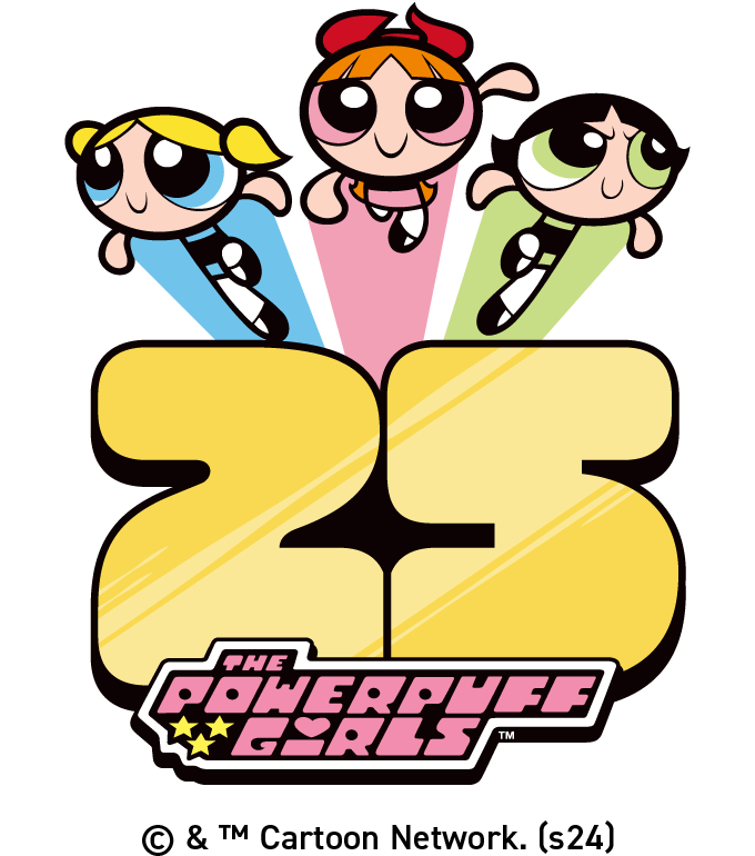 As três Powerpuff Girls correm através de um grande 25 dourado em direção ao espetador  