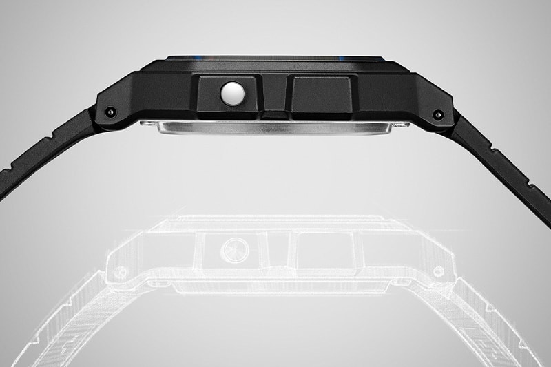Vista lateral da caixa plana do relógio de pulso F-91.