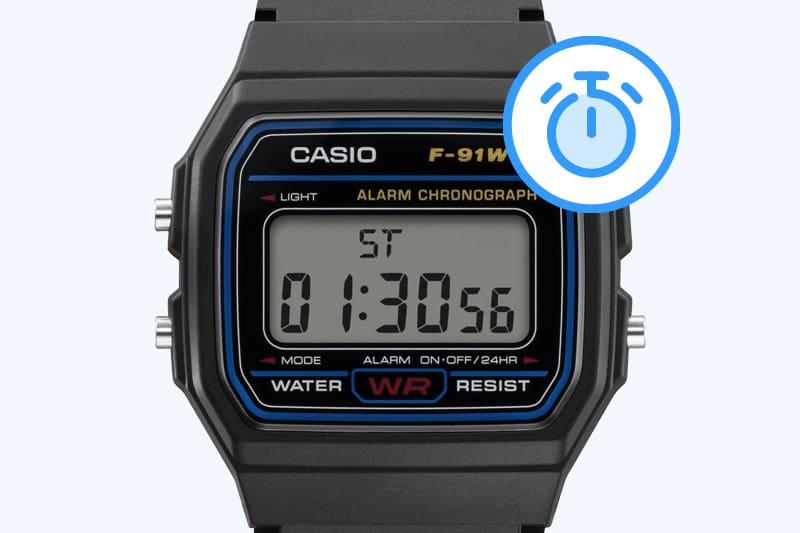 Ícone do cronómetro ao lado do visor do relógio de pulso digital