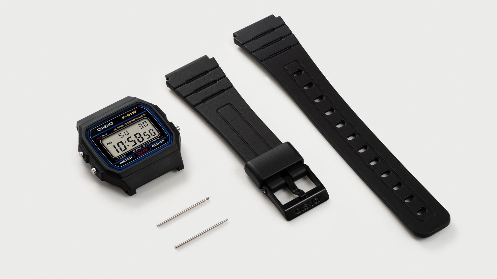 Peças individuais do relógio digital F-91 em preto da CASIO