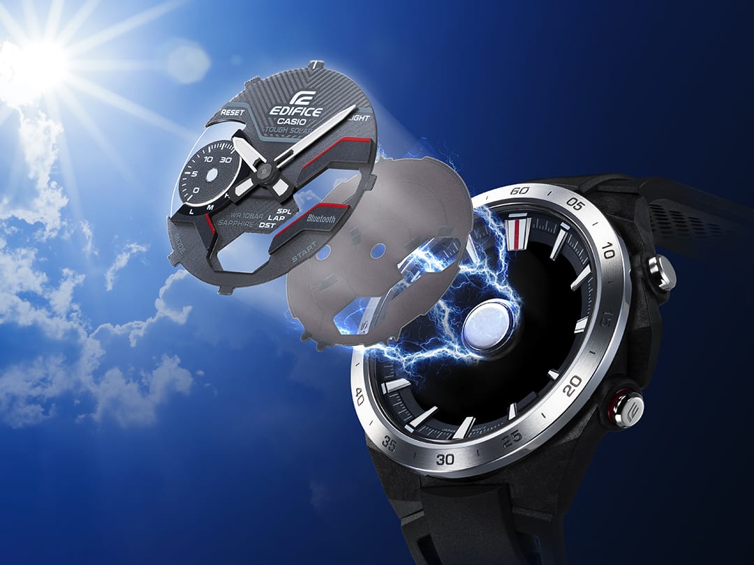 Caixa do relógio, da qual se destacam o mostrador, a placa central e relâmpagos elétricos, contra um céu azul com sol e nuvens