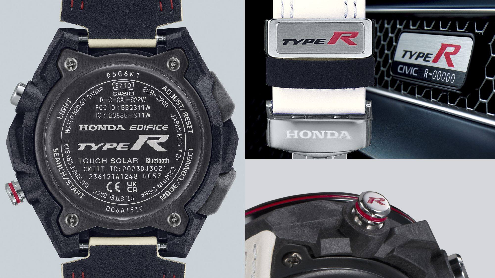 À esquerda: parte de trás do ECB-2200HTR-1A com gravação «Honda Type R»; à direita: vistas detalhadas do fecho e do botão de comando com detalhes «Honda Type T».
