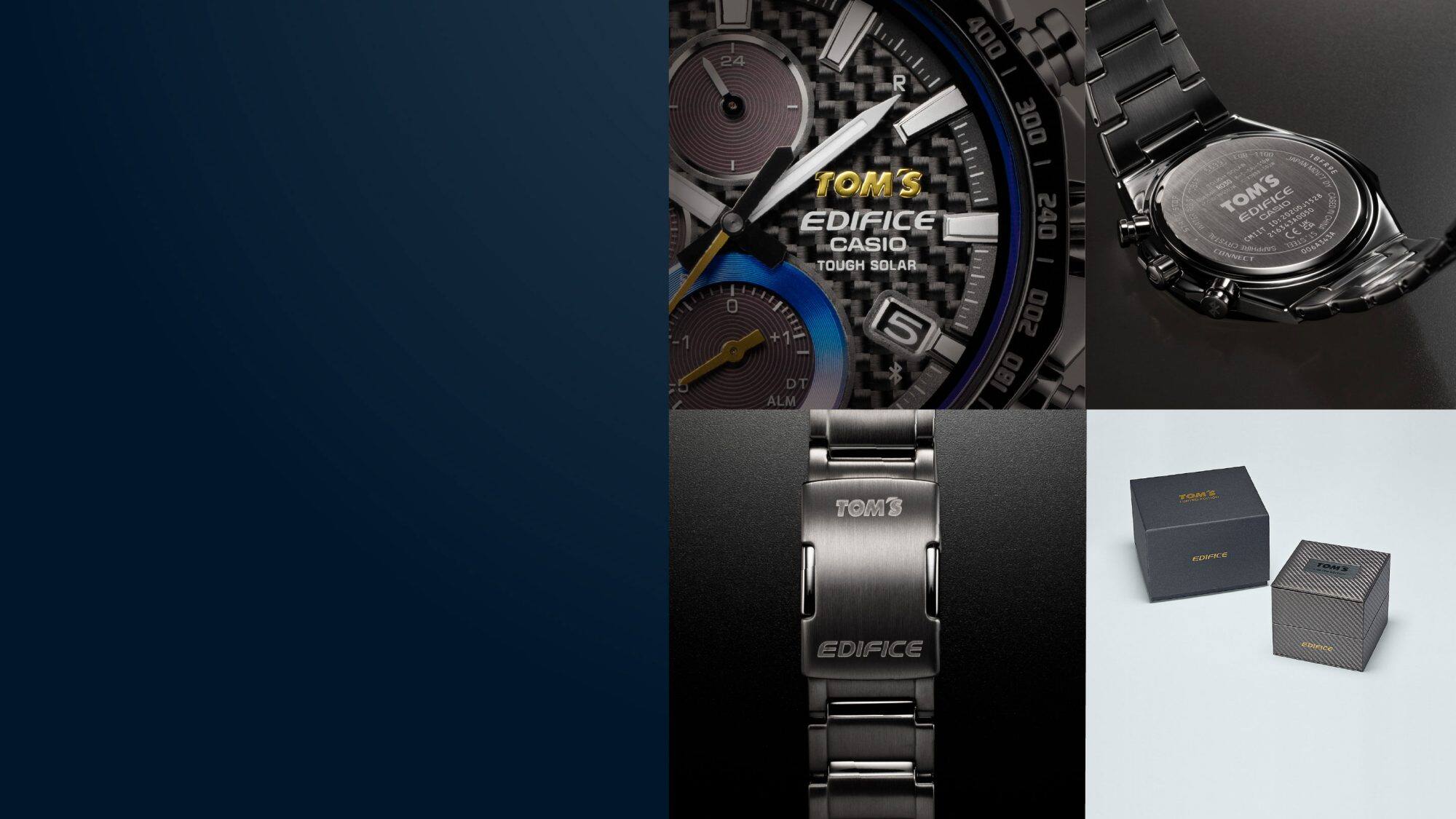Em cima, à esquerda: Grande plano do logótipo da equipa de corrida no mostrador em carbono do Casio Edifice EQB-1100TMS-1A. Em cima à direita: Gravação dos logótipos TOM'S e EDIFICE no fundo da caixa. Em baixo, à esquerda: Gravação TOM'S e EDIFICE no fecho da bracelete. Em baixo à direita: A caixa de oferta especial para o relógio.