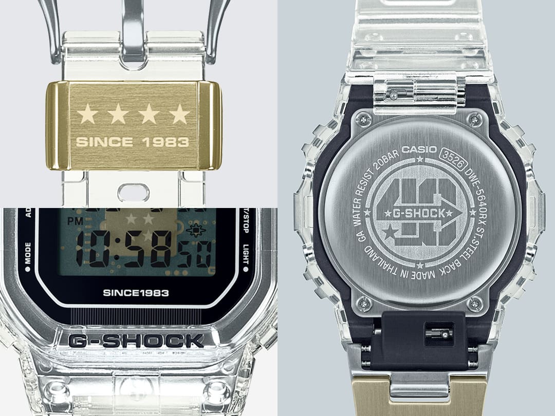 Três imagens: 1. grande plano do aro metálico dourado da bracelete com quatro estrelas e a inscrição “Since 1983”, 2. grande plano da inscrição no mostrador, 3. verso da caixa com o logótipo do 40º aniversário gravado