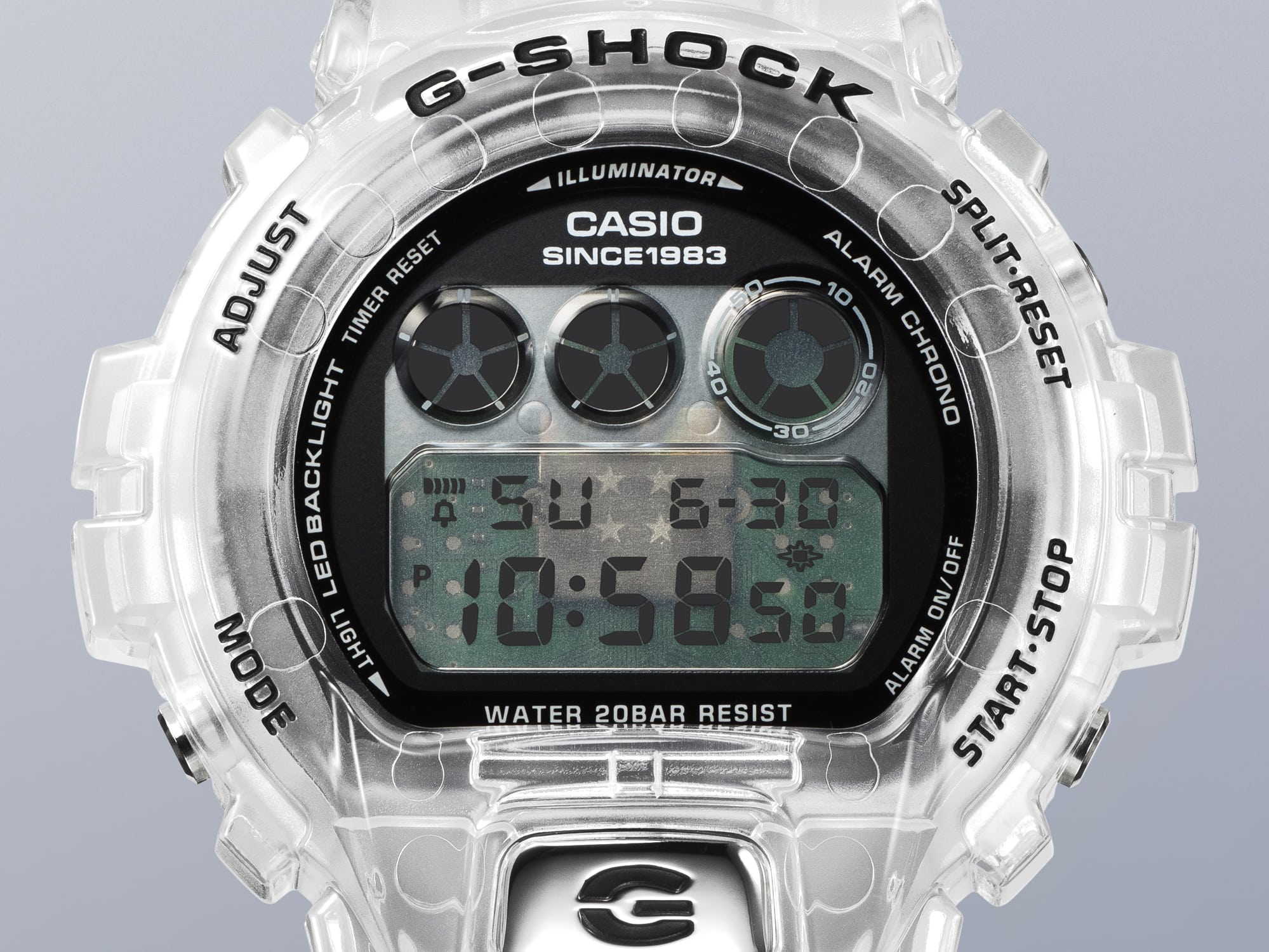 Grande plano do ecrã do relógio de aniversário Casio G-Shock DW-6940RX-7