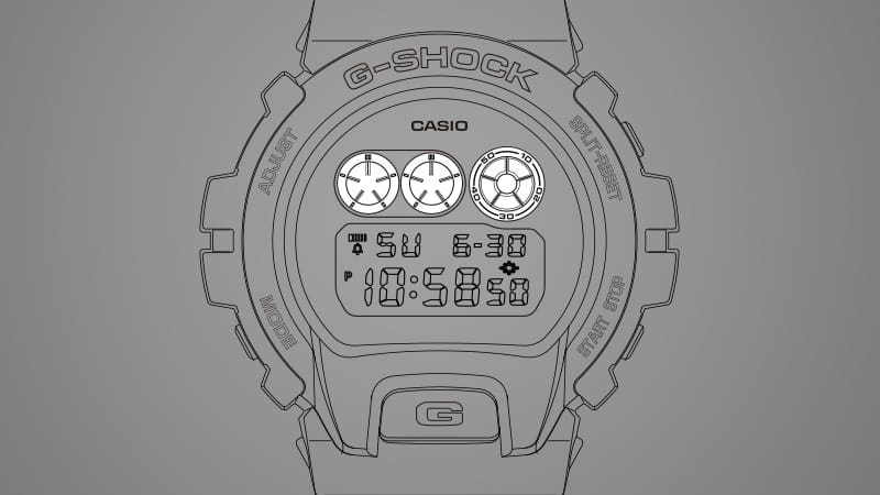 O esboço de um modelo da série 6900 em cinzento, os três mostradores gráficos circulares do mostrador são realçados a branco