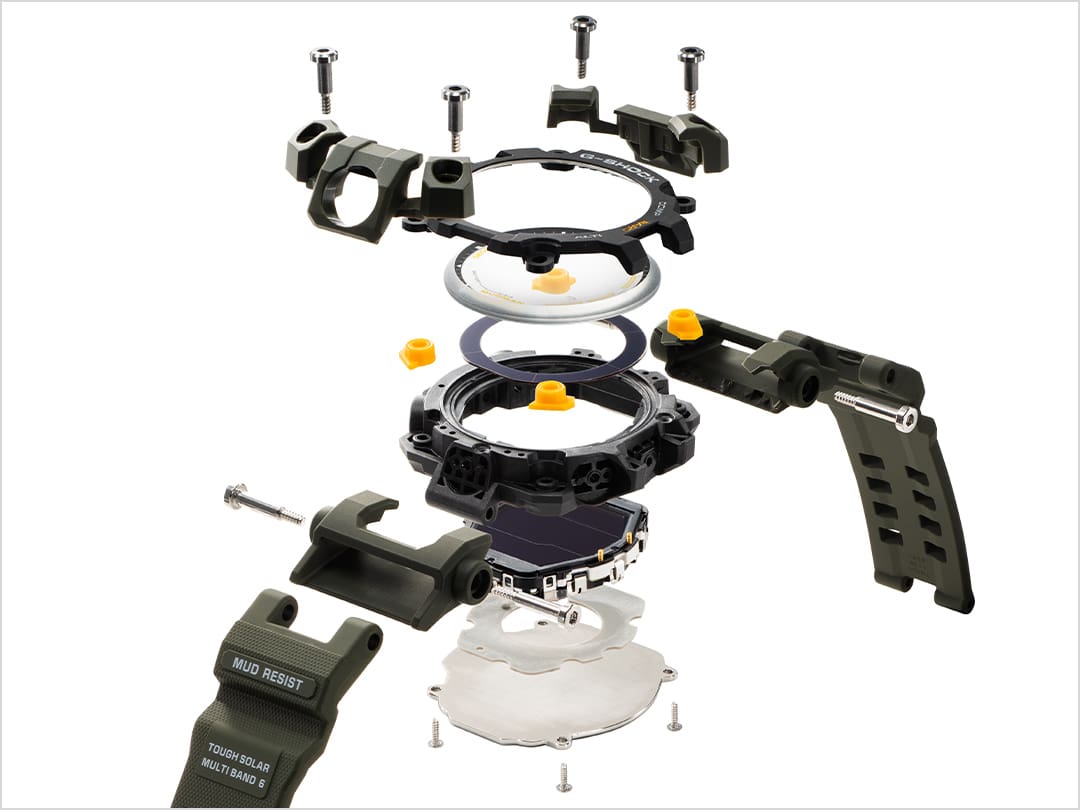 Todas as peças individuais do relógio para exterior são apresentadas separadamente umas das outras