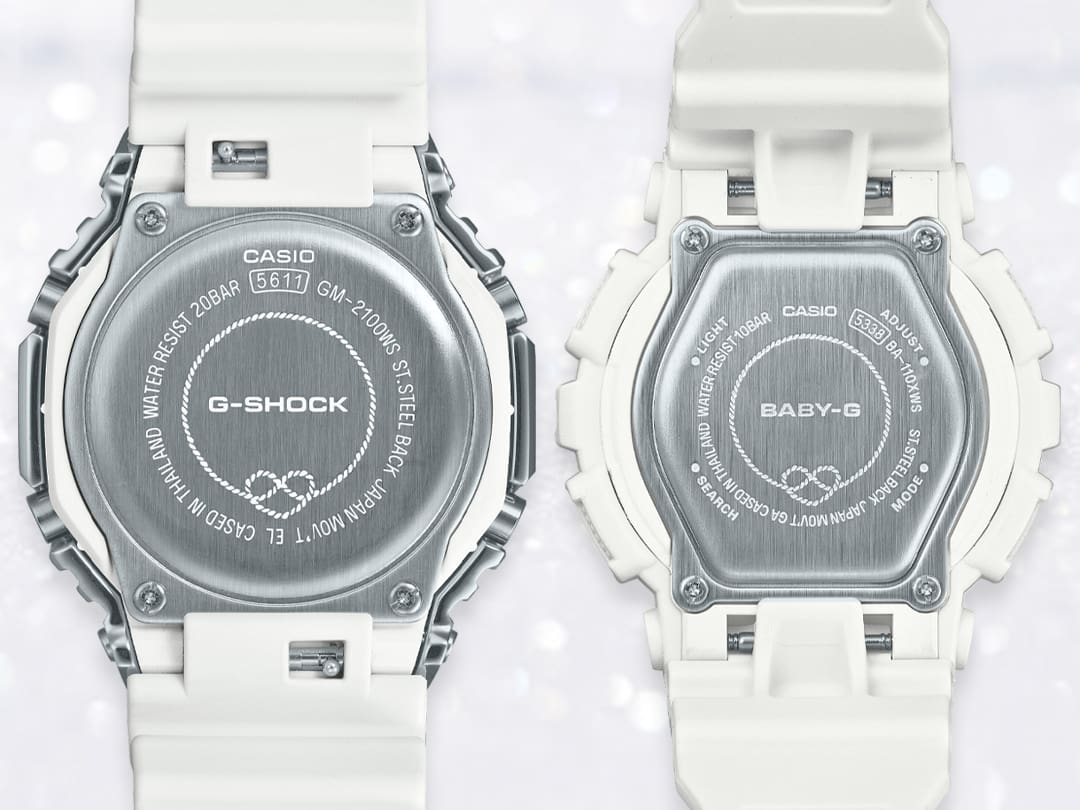 GM-2100WS-7A e GM-S2100WS-7A A parte de trás da caixa dos dois relógios G-Shock GM-2100WS-7A e GM-S2100WS-7A