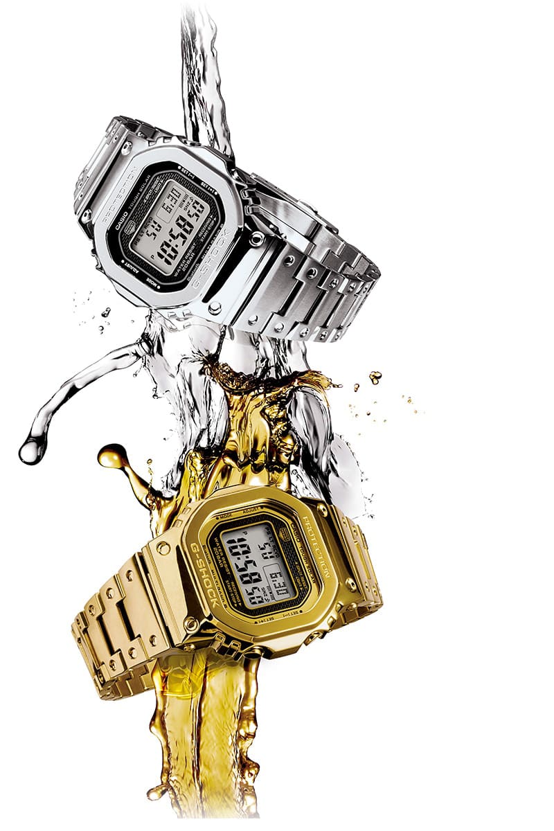 O Casio G-Shock GMW-B5000D-1 em aço inoxidável prateado e o Casio G-Shock GMW-B5000TFG-9 em aço inoxidável dourado