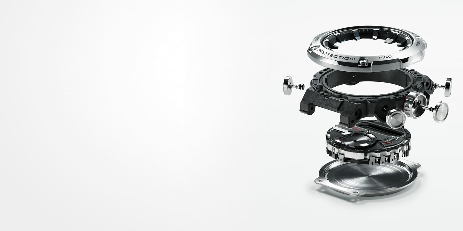 Componentes da caixa do relógio de pulso Casio G-Steel GST-B200 apresentados um por cima do outro