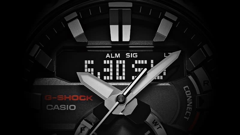 Grande plano dos ponteiros do cronógrafo Casio G-Shock GST-B200