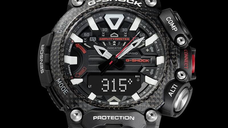 O mostrador do Casio G-Shock GR-B200-1A apresenta a bússola digital