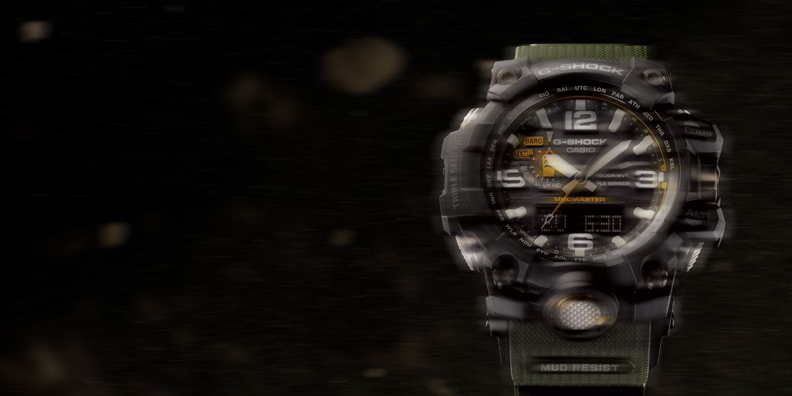 Uma fotografia desfocada de um Casio Mudmaster GWG-1000-1A3
