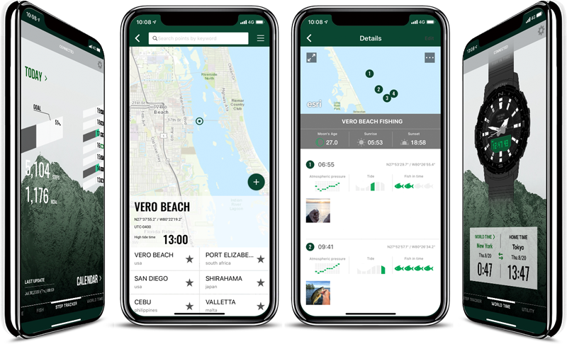 Quatro smartphones com diferentes ecrãs da aplicação Pro Trek Connected